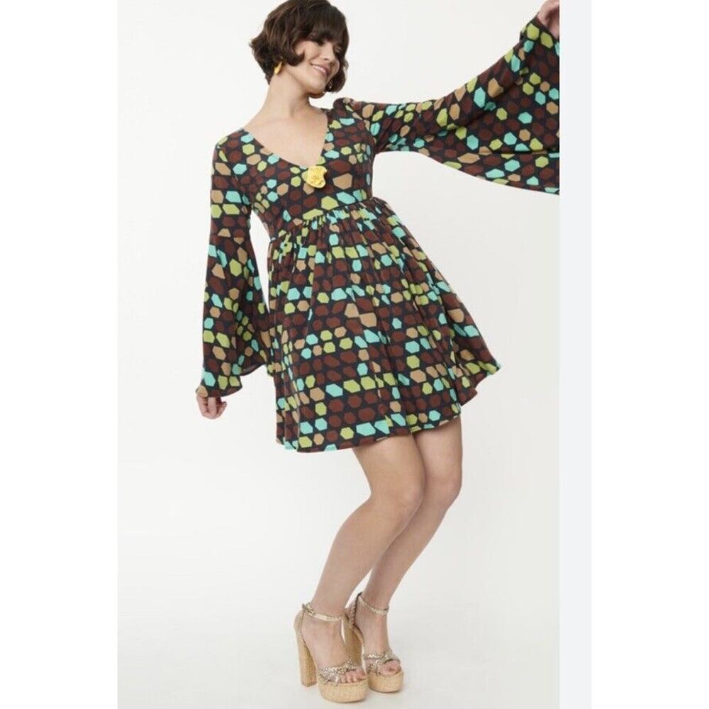 Unique Vintage Smak Parlour Brown Yellow Geometric Dress M 6-8